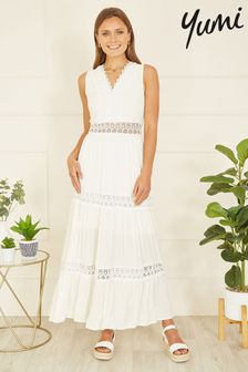 Yumi White Lace Trim Cotton Midi Sun Dress (N65901) | $127