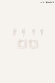 Accessorize Silver Tone Sterling Lightning Bolt Earrings 3 Pack (N65926) | LEI 107