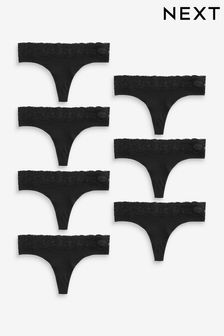 Black Thong Cotton and Lace Knickers 7 Pack (N66240) | SGD 42