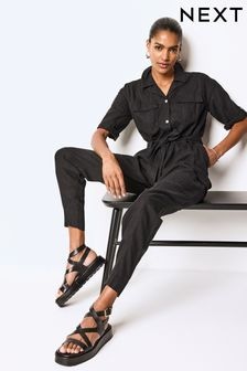 Black Linen Blend Utility Cargo Belted Jumpsuit (N66287) | $67