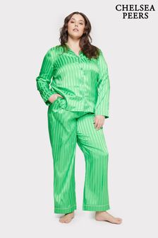 Chelsea Peers Green Curve Green Satin Jacquard Stripe Long Pyjama Set (N66324) | ￥9,690