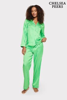 Chelsea Peers Green Green Satin Jacquard Stripe Long Pyjama Set (N66506) | ￥9,690