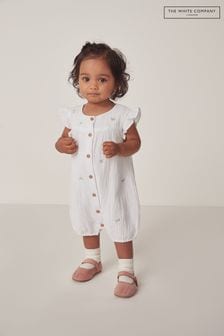 The White Company Organic Crinkle Cotton Floral Embroidered White Romper (N67457) | 179 SAR