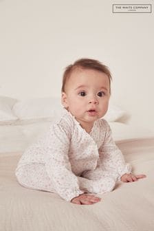 The White Company Organic Cotton Edie Floral Frill Wrap White Sleepsuit