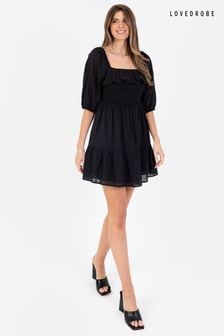 Lovedrobe Black Smocked Bodice Square Neck Puff Sleeve Mini Dress (N68960) | €65