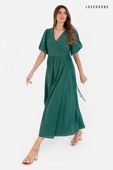 Lovedrobe Green Wrap Dress With Puff Sleeve