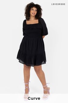 Lovedrobe Black Smocked Bodice Square Neck Puff Sleeve Mini Dress (N68963) | €77