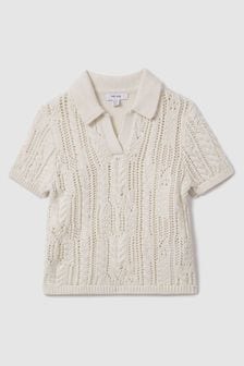 Reiss Ecru Eula Teen Crochet Open Collar Polo Shirt (N69216) | €68