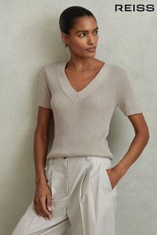 Reiss Neutral Rosie Cotton Blend Knitted V-Neck Top (N69325) | AED706