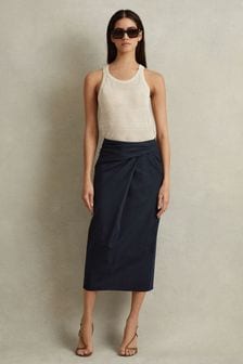 Reiss Navy Nadia Cotton Blend Wrap Front Midi Skirt (N69346) | 1,014 QAR