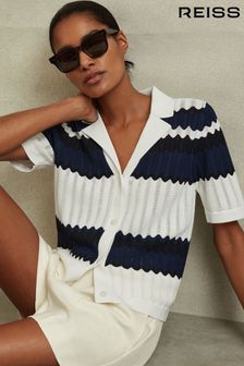 Reiss Navy/White Alba Knitted Colourblock Cuban Collar Shirt (N69475) | SGD 325