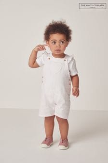 The White Company Organic Cotton Seersucker Heart Pocket White Dungaree And Pointelle T-Shirt Set (N69599) | $79 - $84