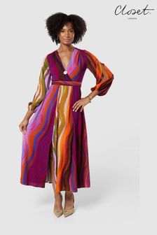 فستان متوسط الطول ملفوف طبعة متعددة الألوان بتنورة كاملة من Closet London (N69809) | 829 ر.س