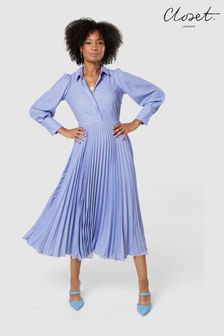Closet London Blue Pleated Shirt Midi Dress (N69813) | $286