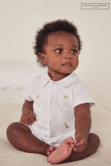 The White Company Organic Cotton Popper Down Embroidered Shortie White Sleepsuit