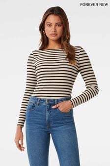 Forever New Cream Brie Striped Boat Neck Long Sleeve Top (N70209) | $64
