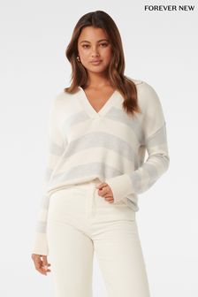 Forever New White Nicole Striped Polo Collar Jumper (N70233) | €82