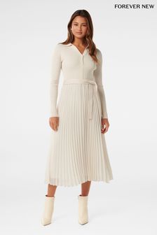 Forever New Cream Molly Pleat Hem Polo Collar Knit Dress (N70243) | €181
