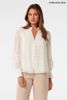 Forever New White Wendy Wave Trim Blouse (N70392) | LEI 298