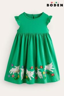 Boden Green Frill Sleeve Sheep Appliqué Dress (N70508) | $46 - $54