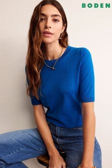 כחול  - חולצת טי מכותנה עם צווארון מעוגל Catriona של Boden (N70569) | ‏277 ‏₪