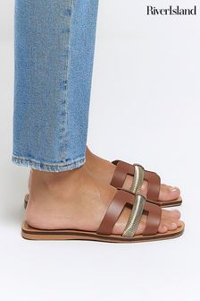 River Island Brown Leather Cut Out Strap  Sandals (N70849) | $71