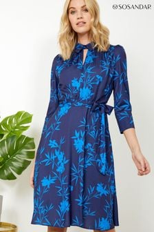 Sosandar Blue Forest Sprig Collared Fit & Flare Dress (N71173) | AED416