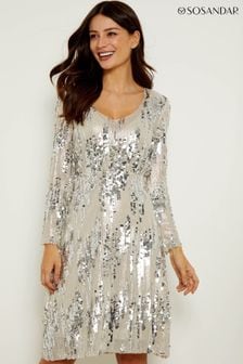 銀灰色 - Sosandar散落亮片裝飾V領連身裙 (N71180) | NT$4,430