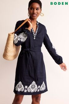 Синий - Льняное платье с завязкой на талии Boden Cleo (N71301) | €202