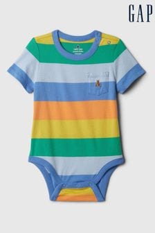 Gap Blue, Orange & Yellow Brannan Bear Stripe Pocket Short Sleeve Bodysuit (Newborn-24mths) (N71468) | Kč315