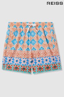 Reiss Orange Multi Arizona Teen Floral Tile Print Drawstring Swim Shorts (N71502) | 221 QAR