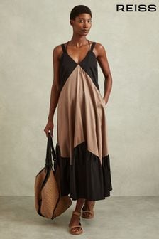 Reiss Brown/Black Natalie Cotton Colourblock Flounced Midi Dress (N71505) | AED1,210