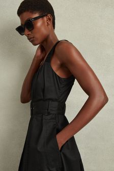 Reiss Black Liza Petite Cotton Ruched Strap Belted Midi Dress (N71508) | €225
