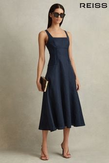 Темно-синий - Льняное платье миди в корсетном стиле Reiss Etta (N71539) | €301