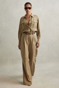 Reiss Khaki Liliana Lyocell Wide Leg Jumpsuit (N71815) | $438