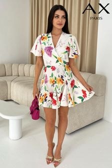 Paris Floral Print Wrap Front Smock Mini Dress (N72074) | $77