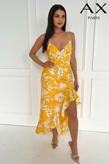 AX Paris Yellow Floral Printed Strappy High Low Frill Hem Midi Dress (N72105) | $86