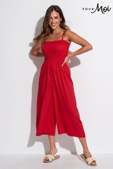 Pour Moi Red Strapless Shirred Bodice Crop Leg Beach Jumpsuit (N72118) | €56