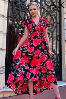 AX Paris Red Floral Print Short Sleeve Belted Wrap Midi Dress (N72119) | $103