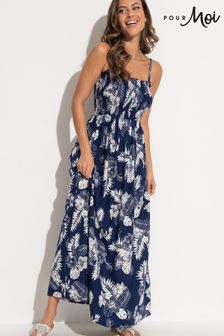 Pour Moi Blue Strapless Shirred Bodice Maxi Beach Dress (N72154) | €56