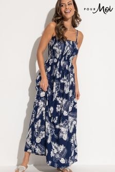 Pour Moi Navy Blue Leaf Strapless Shirred Bodice Maxi Beach Dress (N72154) | $72