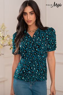 Pour Moi Green Jodie Fuller Bust Slinky Stretch Half Button Top (N72160) | €46