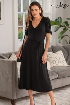 שחור - שמלת מידי צמודה נמתחת לחזה מלא עם קשירה בשרוולים של Pour Moi דגם Bella (N72161) | ‏246 ‏₪