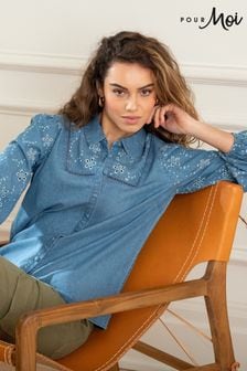 Pour Moi Blue Bonnie Fuller Bust Chambray Broderie Long Sleeve Shirt (N72190) | kr506