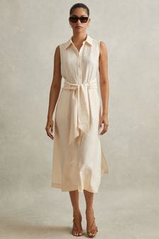 Reiss Cream Morgan Viscose Blend Belted Shirt Dress (N72367) | SGD 353