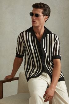 Reiss Black/Ecru Romy Crochet Cuban Collar Shirt (N72379) | €186