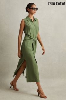 Reiss Green Morgan Petite Viscose Blend Belted Shirt Dress (N72381) | 941 QAR