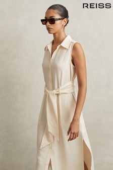 Reiss Cream Morgan Petite Viscose Blend Belted Shirt Dress (N72393) | SGD 353