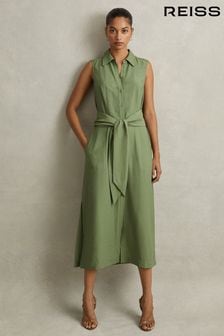 Reiss Green Morgan Viscose Blend Belted Shirt Dress (N72411) | SGD 353