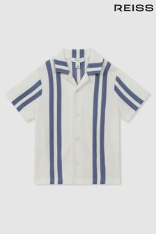 Reiss White/Airforce Blue Castle Ribbed Striped Cuban Collar Shirt (N72476) | kr620